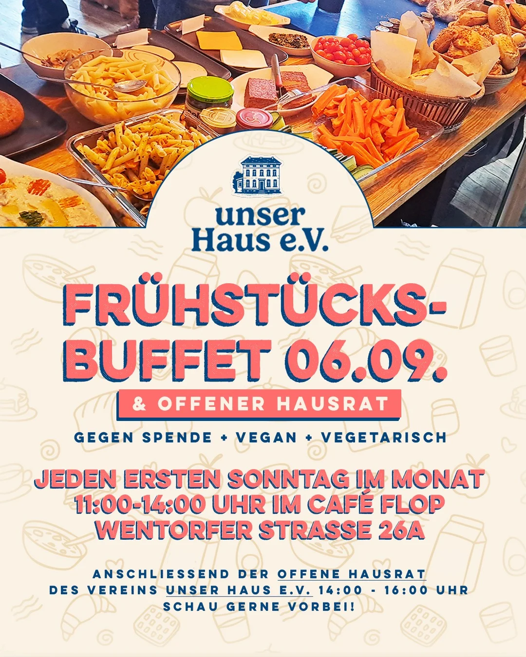 Flyer: Frühstücks-Buffet und offener Hausrat, jeden ersten Sonntag im Monat 11–14 Uhr im Café Flop, Hausrat anschließend 14–16 Uhr